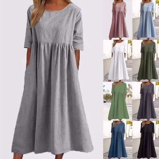 🔥 « Soldes d'été ! Robe en coton à col rond et poches – Légère et élégante pour toutes les occasions ! 🌞👗 » ✨