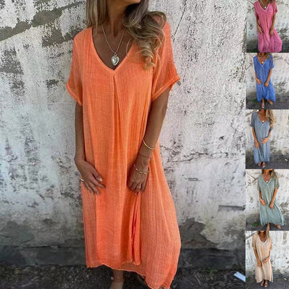 💕 Robe à col en V en coton et lin pour femmes