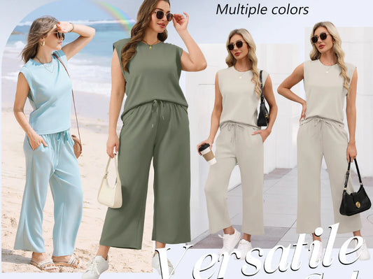 🌺New Arrival Hot Sale🌺Ensemble deux pièces décontracté pour femme, haut à manches courtes et pantalon court à jambes larges