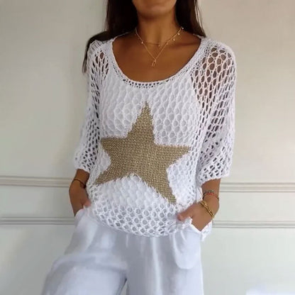 ⏳Remise à durée limitée🔥Haut en résille crocheté à col rond pour femme