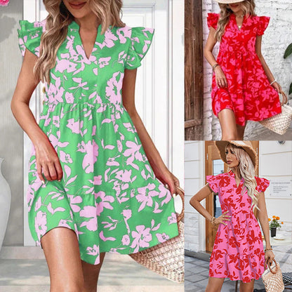 Robe à col en V et manches à volants