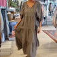 Robe longue à manches mi-longues et col en V pour femme, couleur unie
