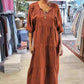 Robe longue à manches mi-longues et col en V pour femme, couleur unie