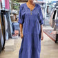 Robe longue à manches mi-longues et col en V pour femme, couleur unie