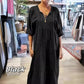 Robe longue à manches mi-longues et col en V pour femme, couleur unie