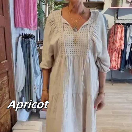Robe longue à manches mi-longues et col en V pour femme, couleur unie