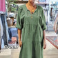 Robe longue à manches mi-longues et col en V pour femme, couleur unie
