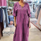 Robe longue à manches mi-longues et col en V pour femme, couleur unie