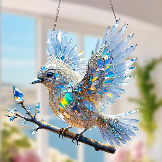 🐦✨Oiseau bleu cristal dans le ciel – pendentif en verre peint
