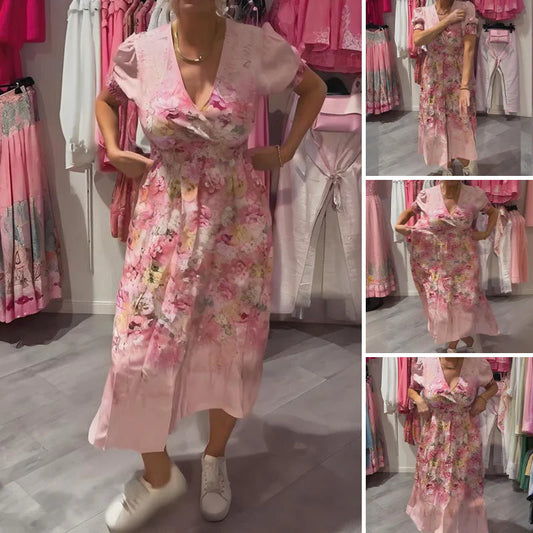 👗Robe longue aux motifs floraux romantiques et décolleté en V flatteur✨