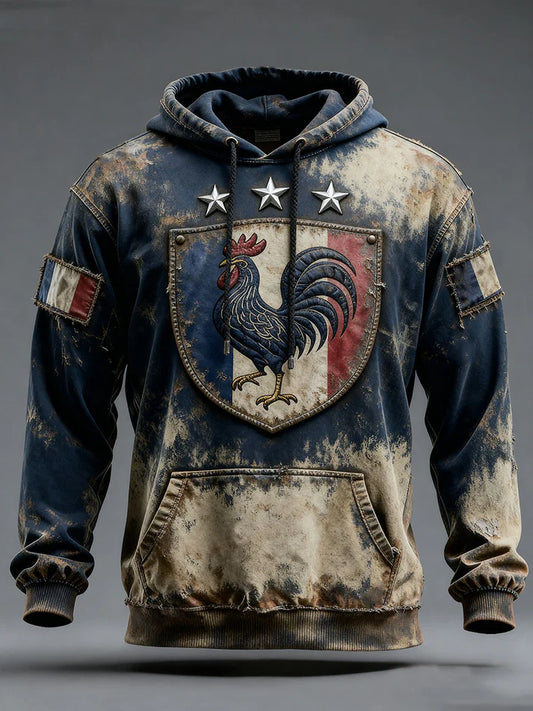 Chandail à capuchon surdimensionné avec poches Drapeau Français Le Coq Gaulois Homme